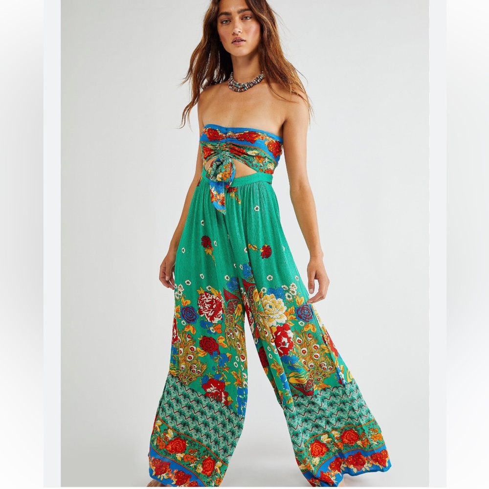 Free People Green Floral Strapless Jumpsuit with Wide Legs
